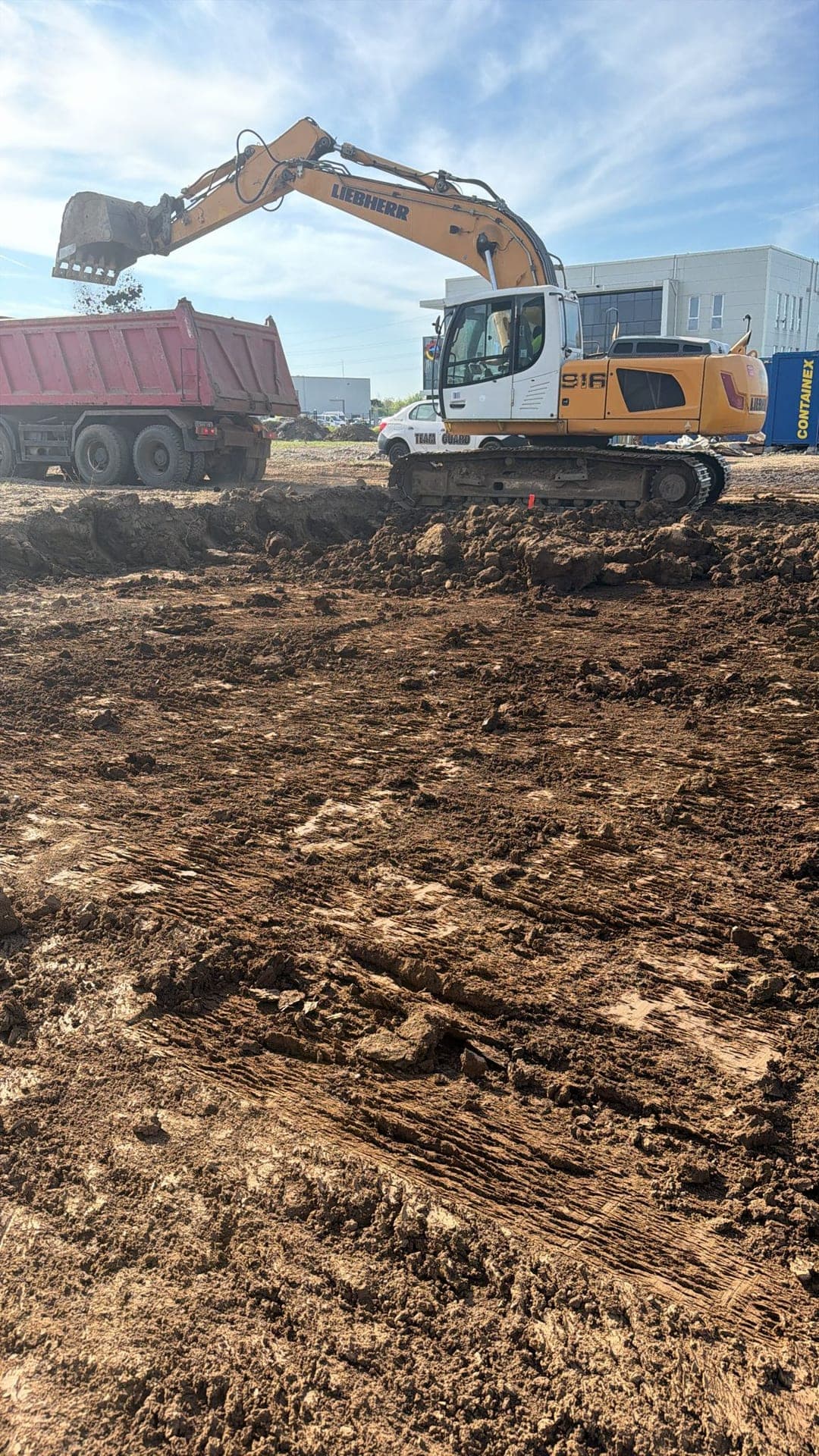 Liebherr R 936 cu cupă plină lângă autobasculantă — încărcare pământ excavat pe șantier Lidl București